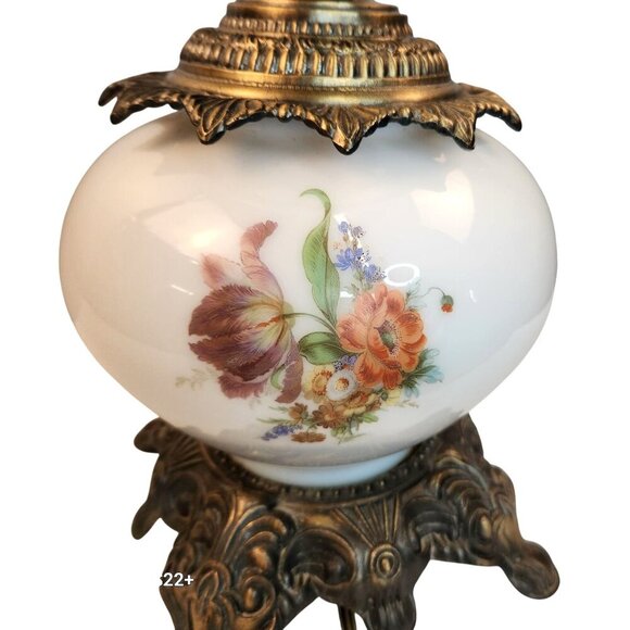 Vintage 3 way Table Lamp Floral Hand-Painted Glass Shade & Metal Base Electric D - Picture 10 of 16